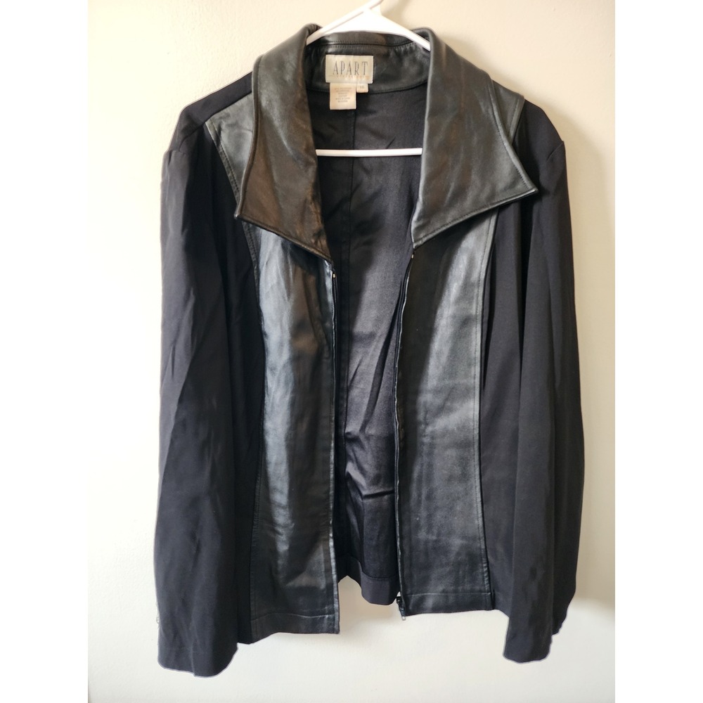Apart Impressions Jacket Size 16 Black Leather Trim Zip Front Jacket Women